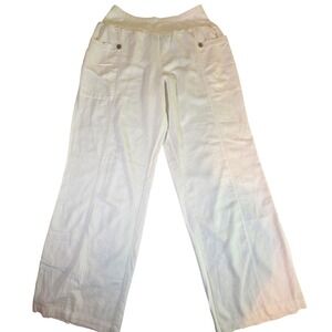 CARRE NOIR Womens Large L White Linen Blend Wide Leg Pants Elastic Waist